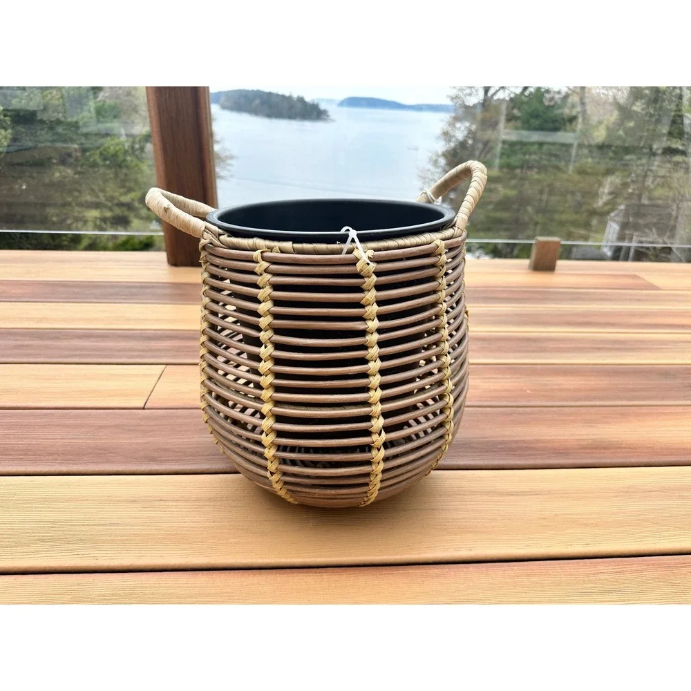 Woven Rattan Basket‎ Planter with Handles and Removable Liner Brown Tan Round